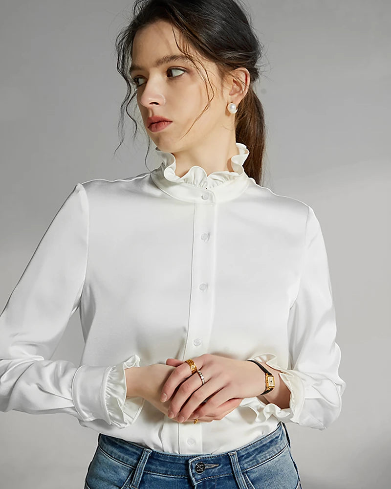 DaisySilk Ruffle Neck Shirt White Silk Ruffle Blouse Long Sleeve