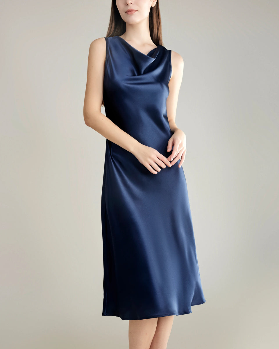 Pure Silk Cowl Neck Midi Dress