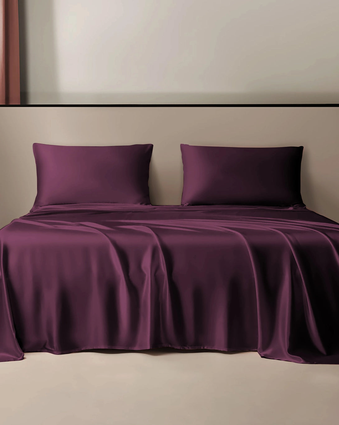 Luxurious 3-piece Silk Bedding Set Including Flat Sheet and Pillowcases, Dark Purple