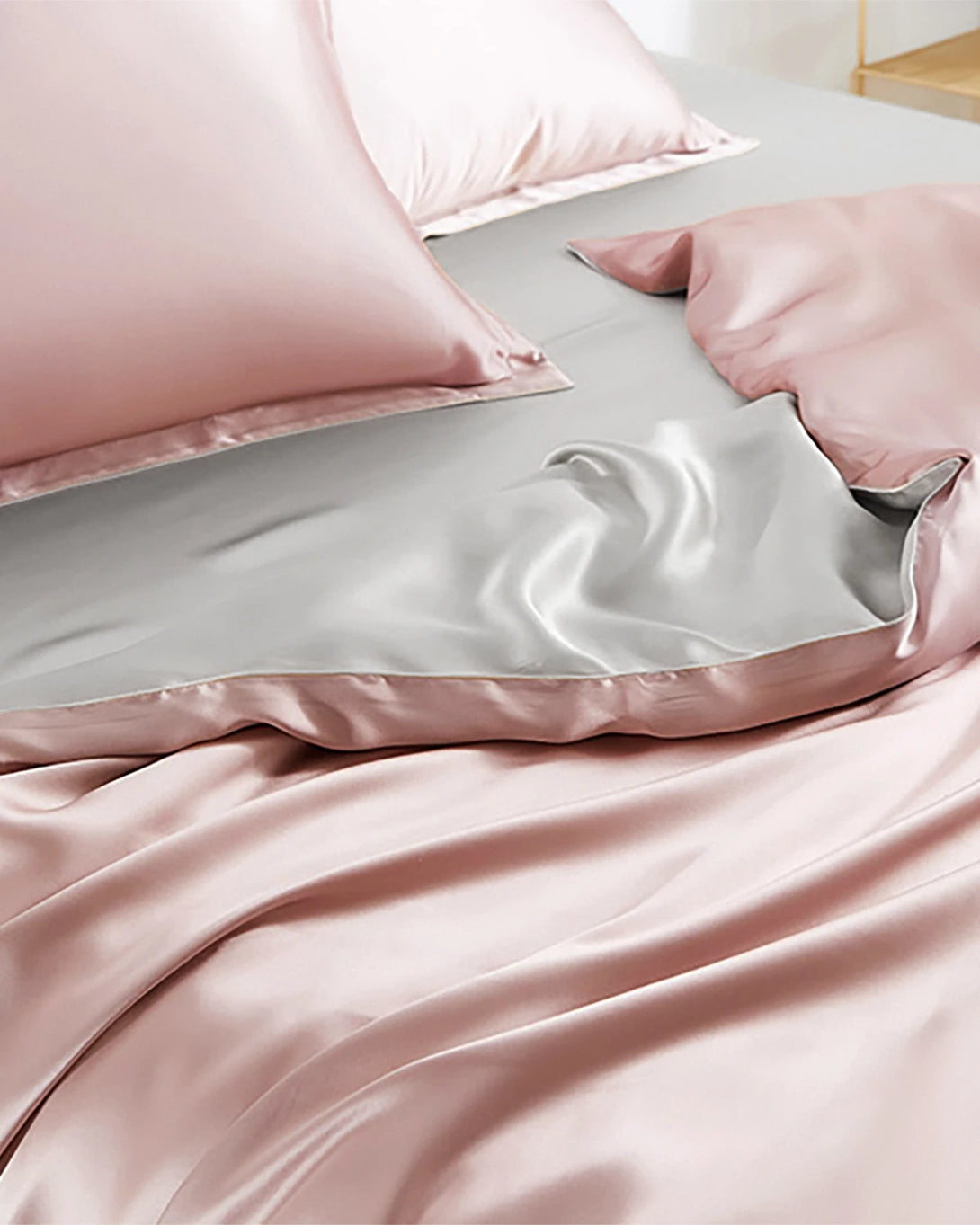 22 Momme Dual Color Silk Bed Set 4PCS, Pink and Silver
