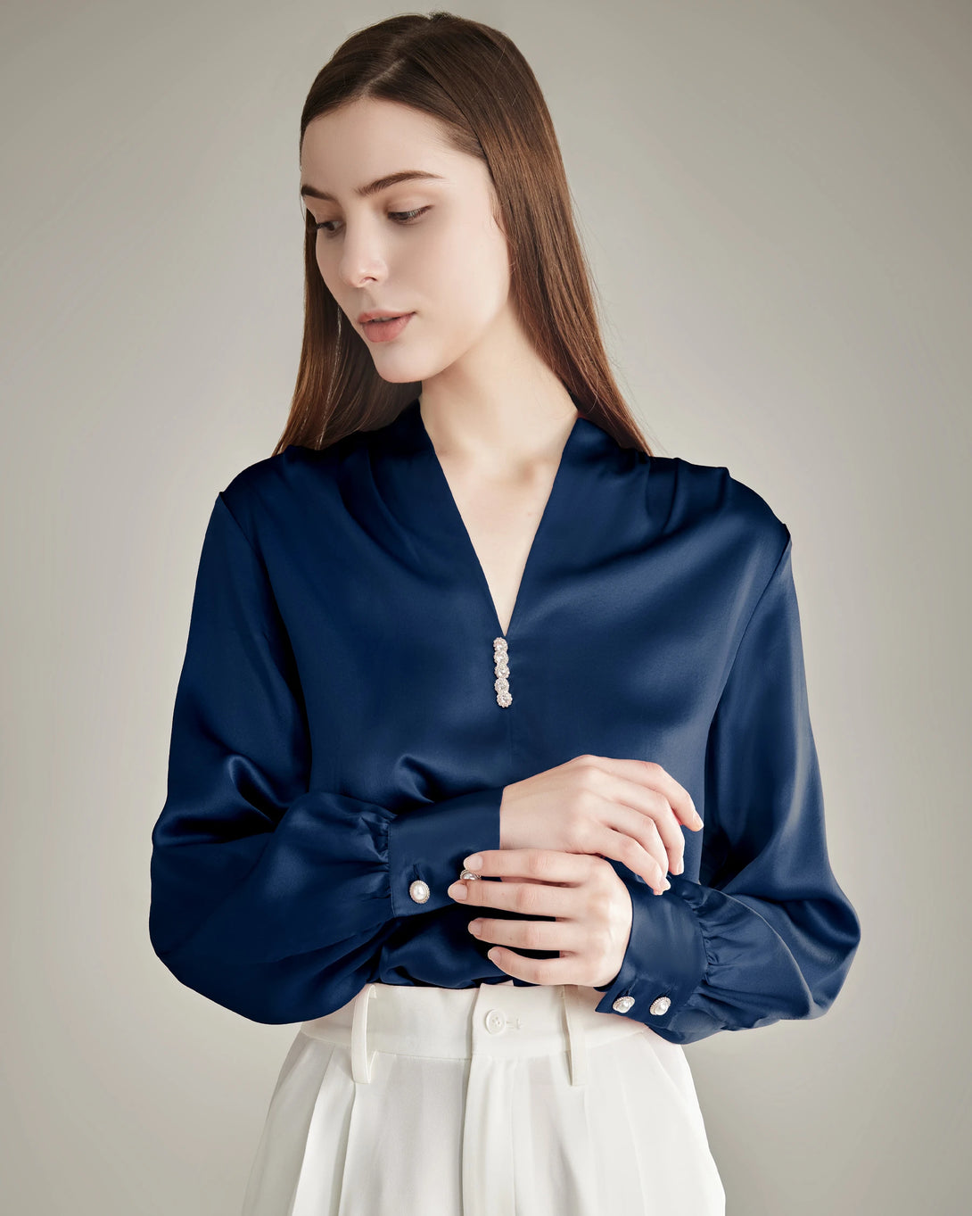 Silk Blouse V-neck Shirt Top for Women Navy