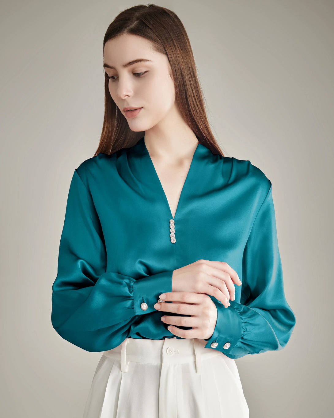 Silk Blouse V-neck Shirt Top for Women Peacock Blue