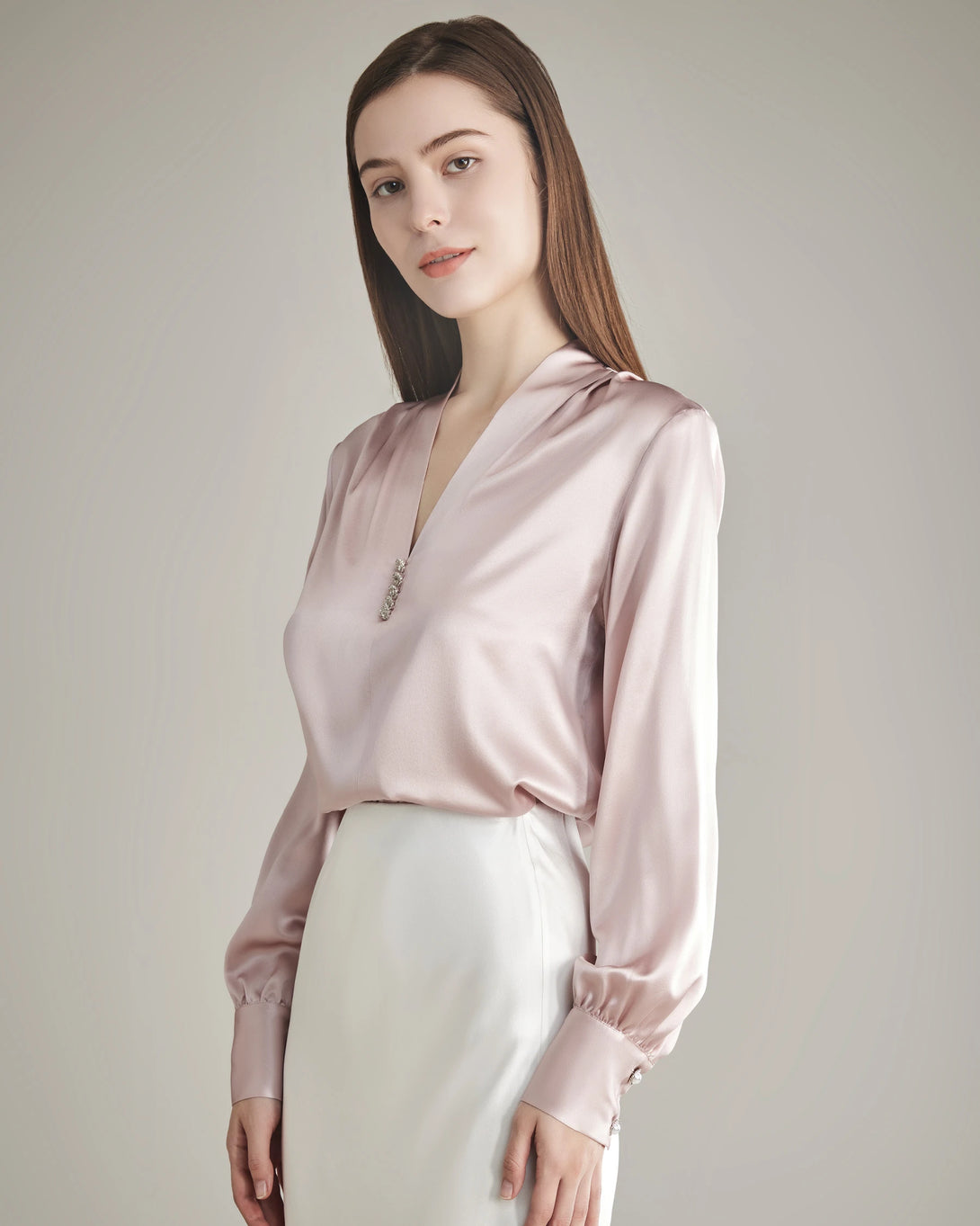 Silk Blouse V-neck Shirt Top for Women Rose Pink
