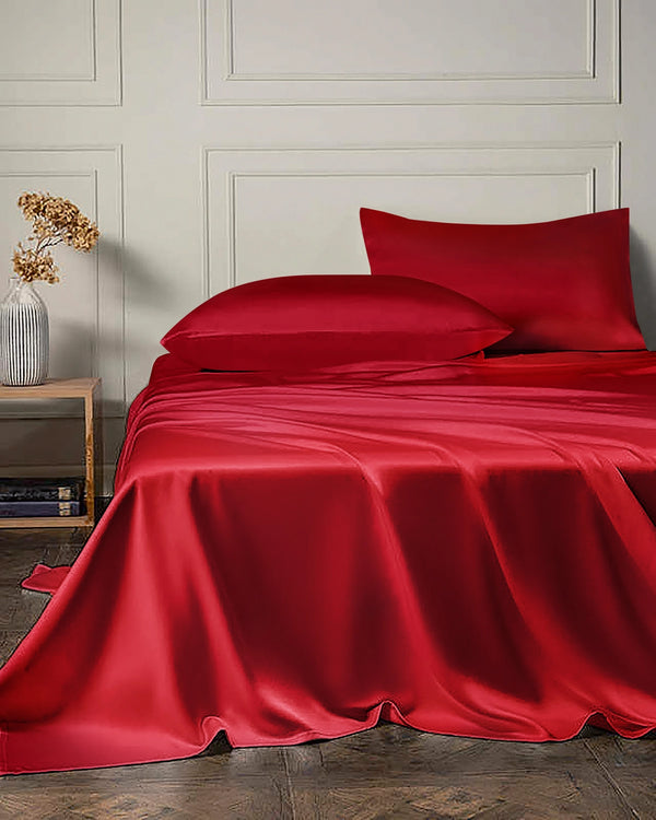 22 Momme 4PCS Silk Flat Sheet and Fitted Sheet Set, Red
