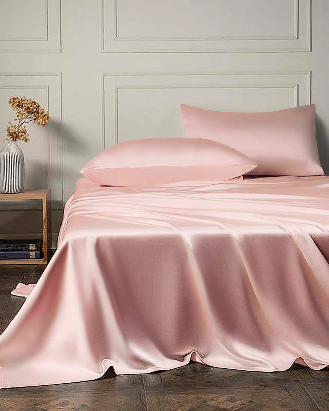 25 Momme 4PCS Silk Flat Sheet and Fitted Sheet Set, Light Pink