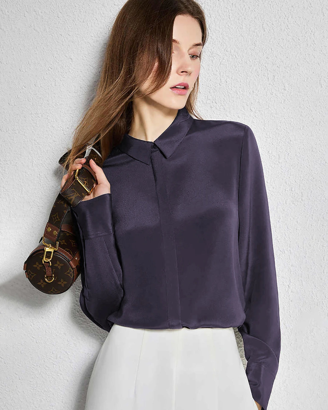30 Momme Concealed Silk Shirt, Dusty Blue