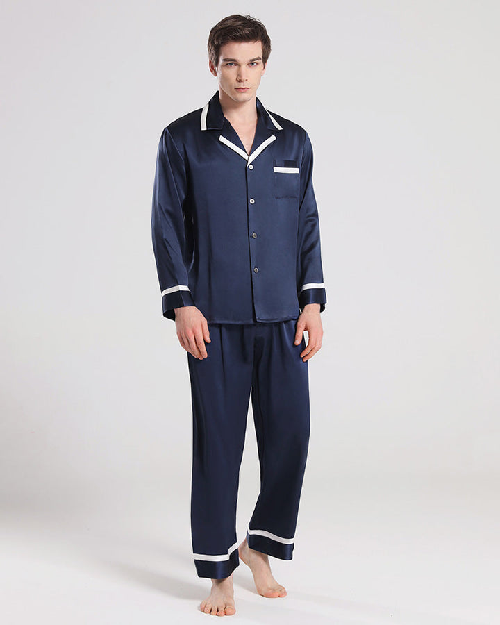 Silk Pajamas Sleepwear Set for Men, Navy