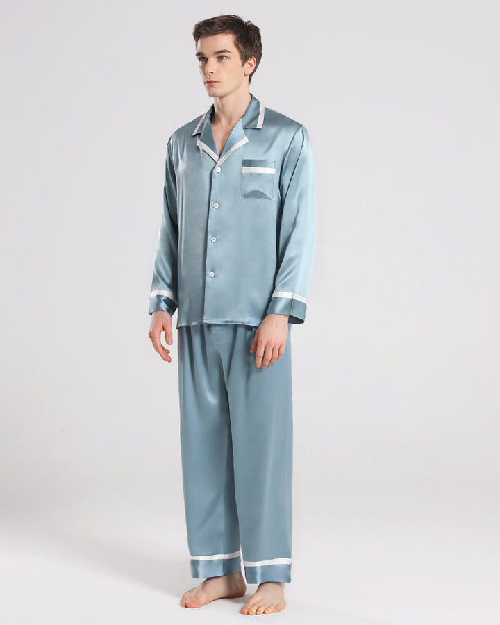 Men Silk Pajamas Sleepwear Set, Haze Blue