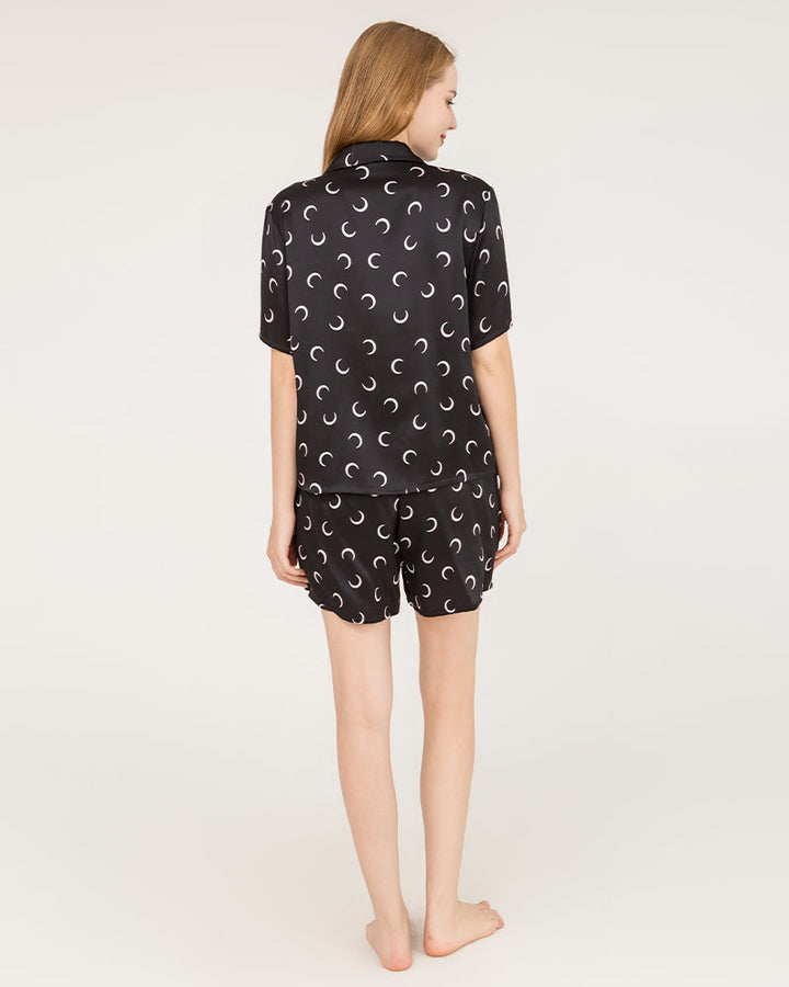 Crescent Silk Short Pajamas Set, Black