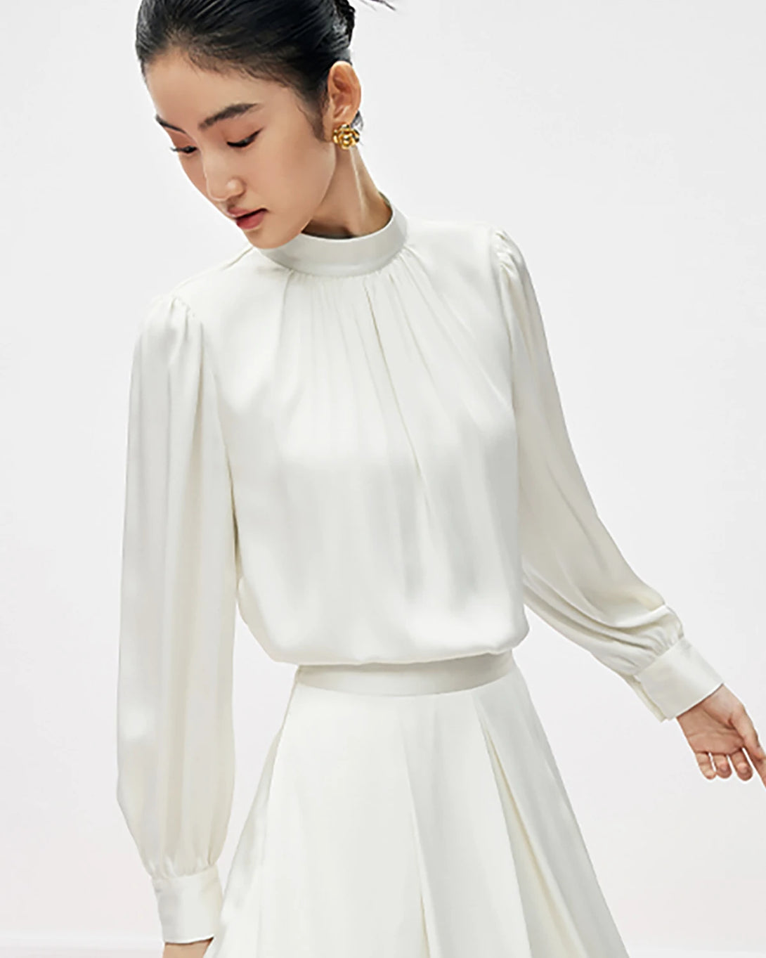 Mock Neck Pleated Silk Blouse, White