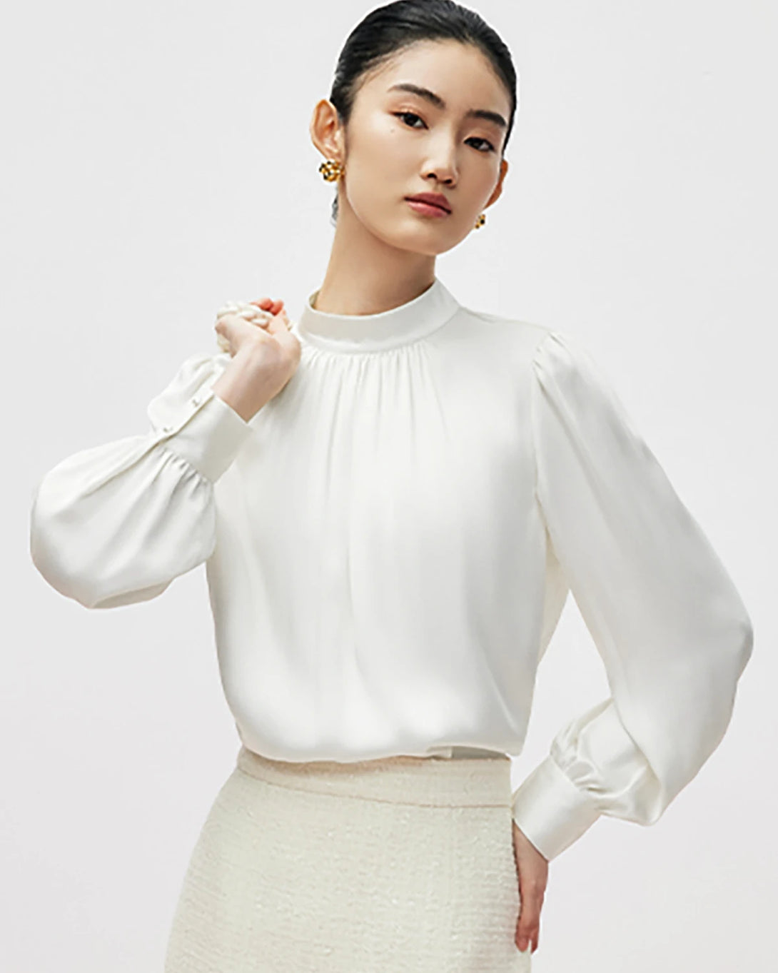 Mock Neck Pleated Silk Blouse, White