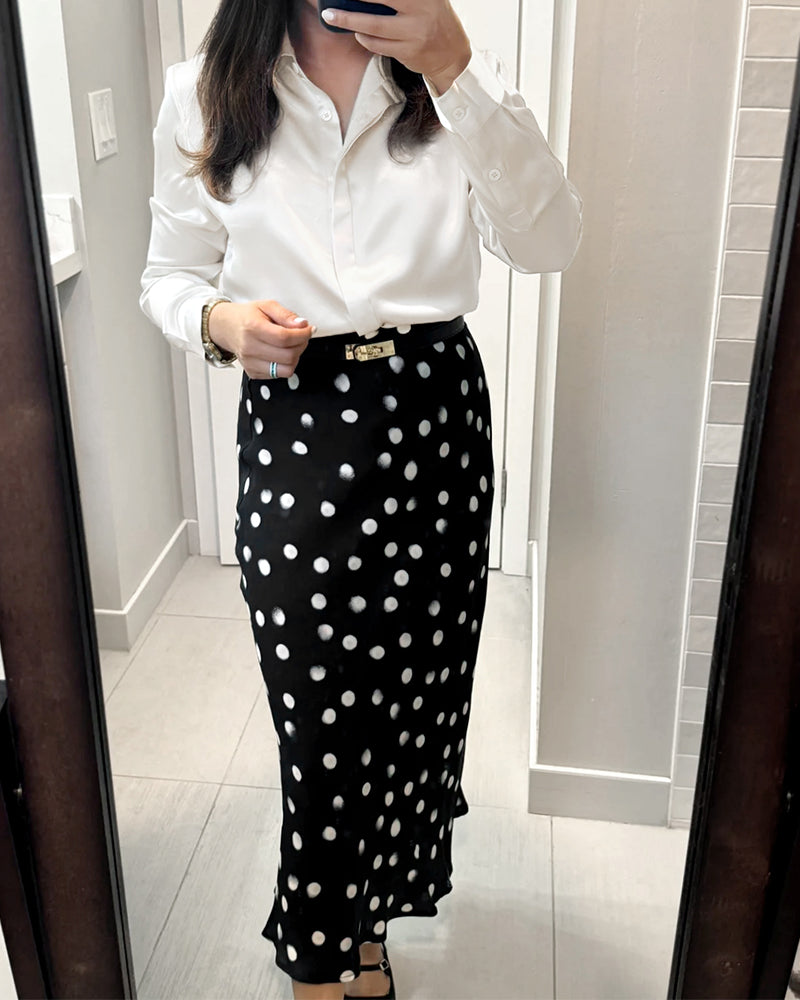 DaisySilk Black And White Polka Dot Skirt Silk Midi Skirt A Line