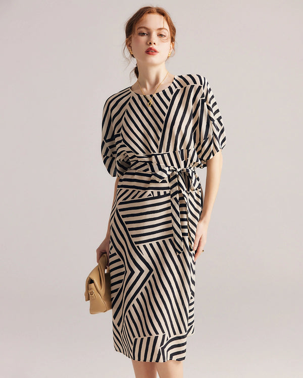 Women's Striped Belted Silk Dress, Black And White
