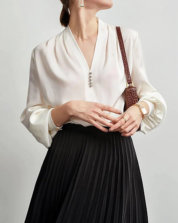 V-Neck Ruffled Shoulder Silk Blouse