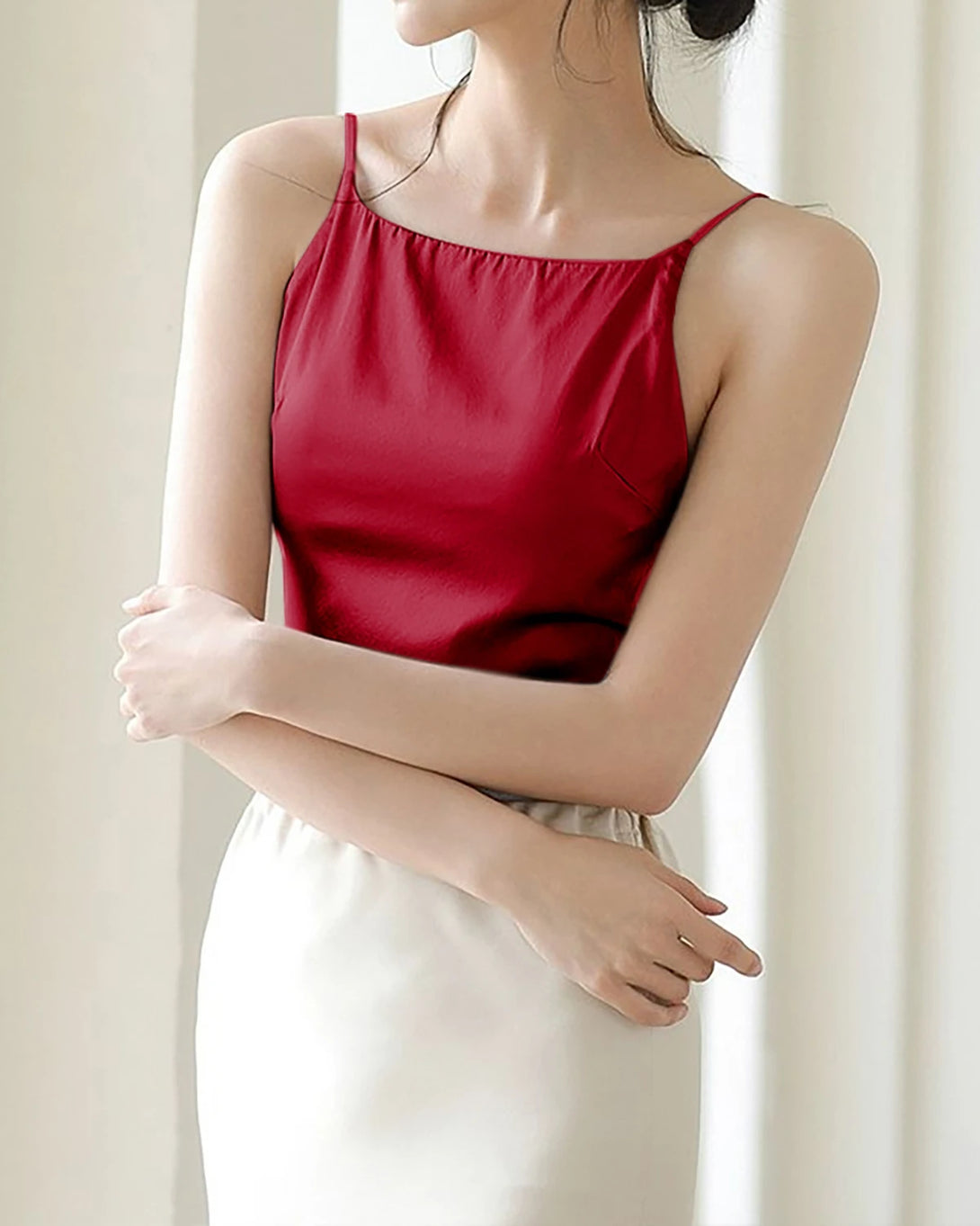 Pure Mulberry Silk Camisole with Built-in Bra, Red