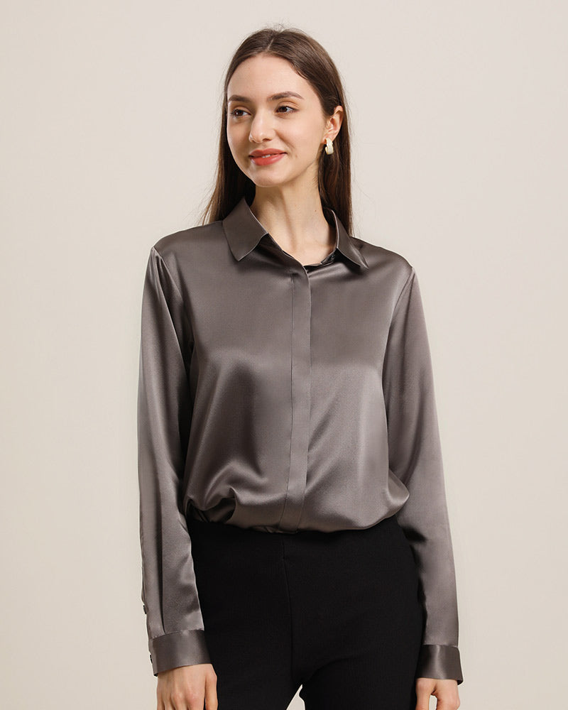 Women's Basic Concealed Silk Shirt Dark Grey