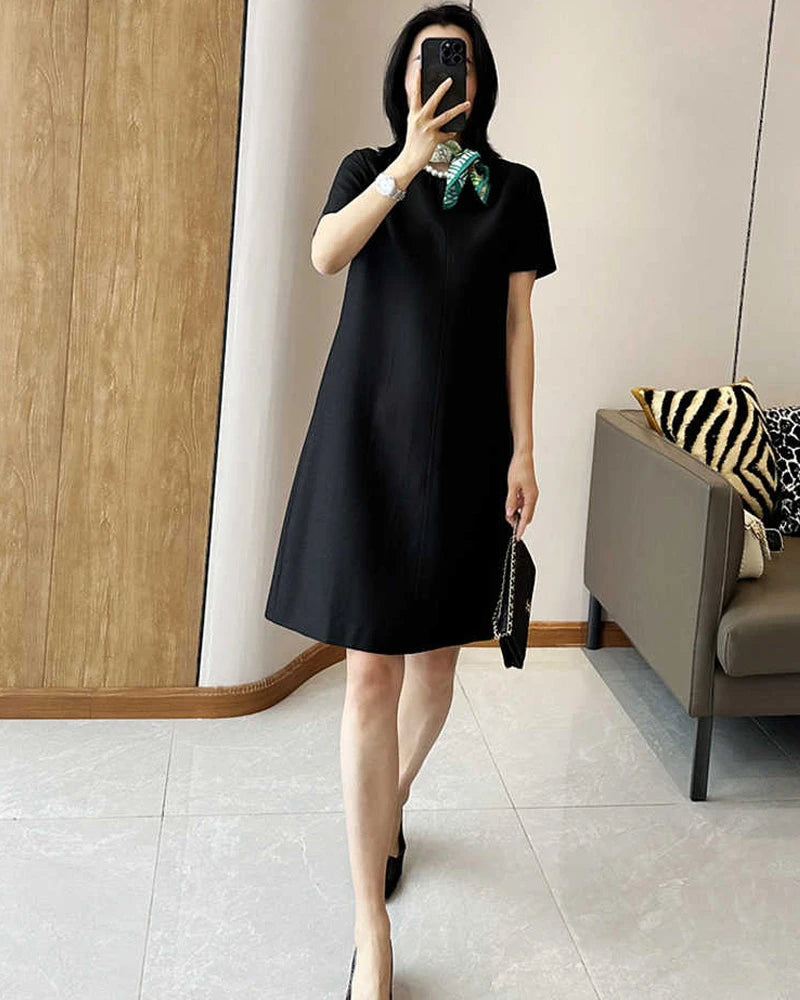 Silk and Wool Short Sleeve Midi Dress, Black