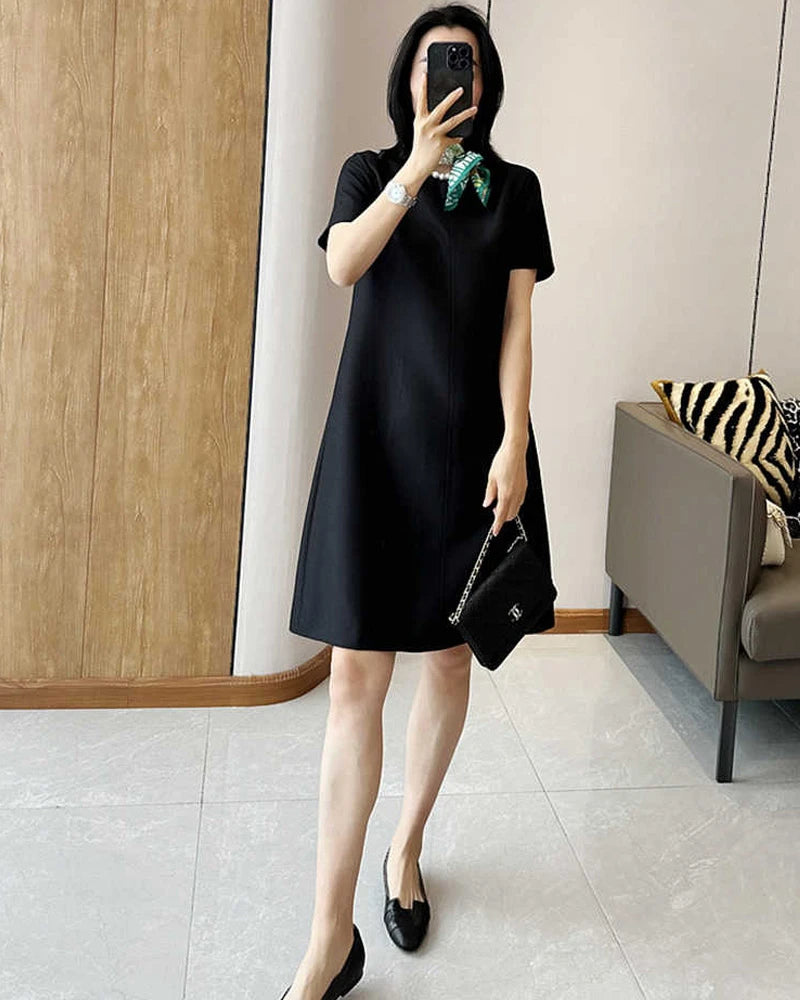 Silk and Wool Short Sleeve Midi Dress, Black