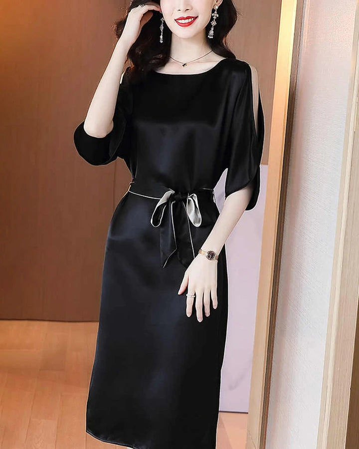 Belted Silk Midi Dress with Slit Shoulders, Black