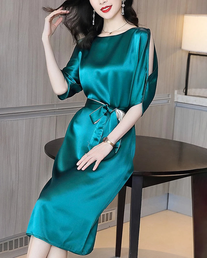 Belted Silk Midi Dress with Slit Shoulders, Peacock Blue