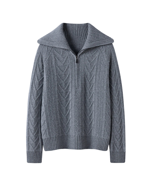 Cable Knit Half Zip Cashmere Sweater with Collar