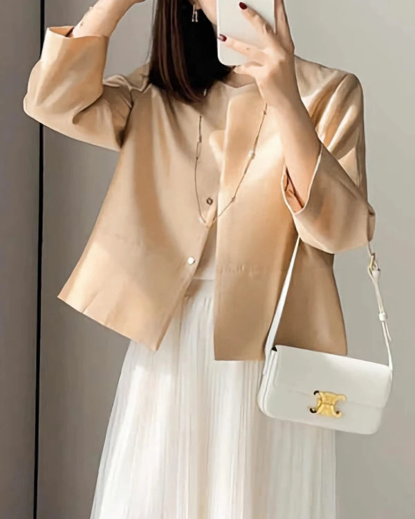 Cropped Silk and Wool Blazer, Beige