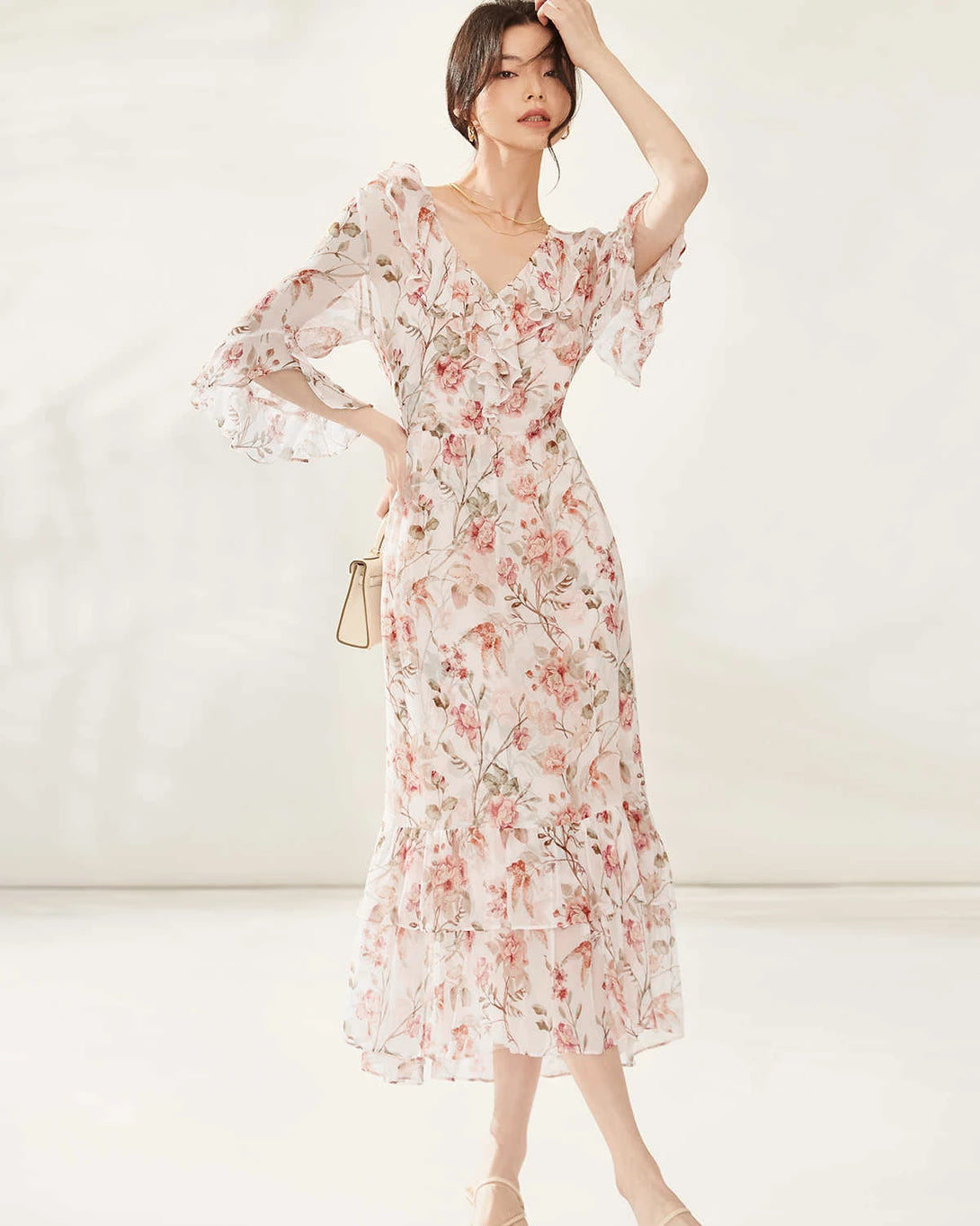 Silk Garden Party Dress, Cream and Pink