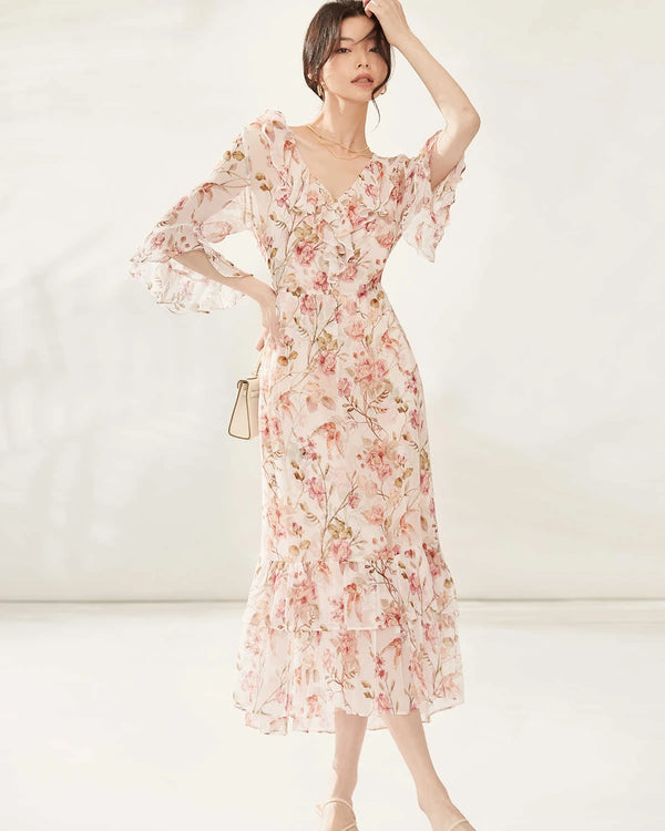 Silk Garden Party Dress, Cream/Pink
