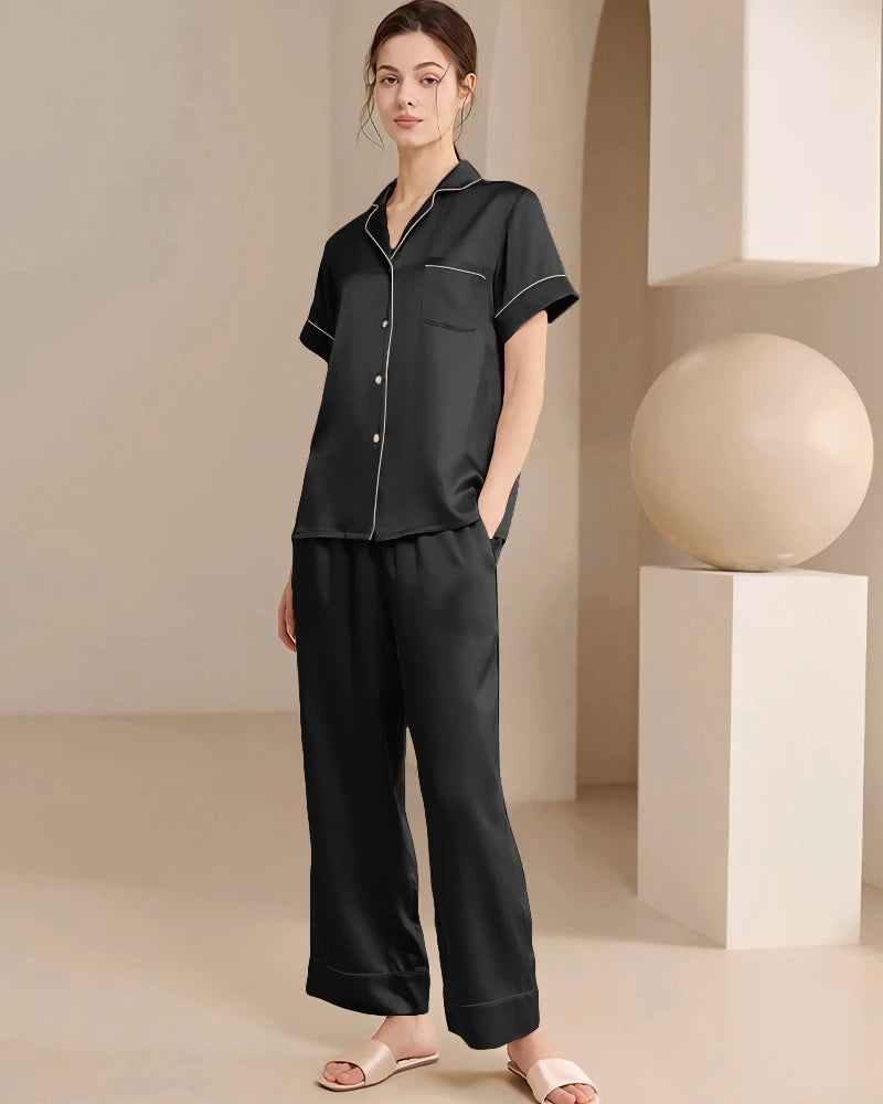 Washable Silk Short Sleeve Long Pants Pajama Set, Black
