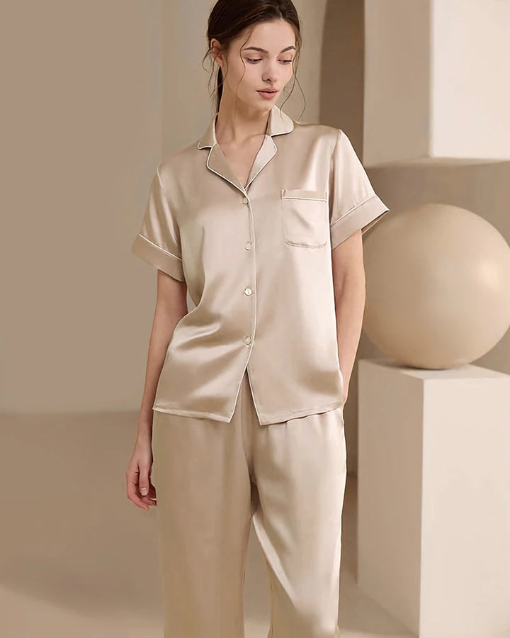 Washable Silk Short Sleeve Long Pants Pajama Set, Champagne