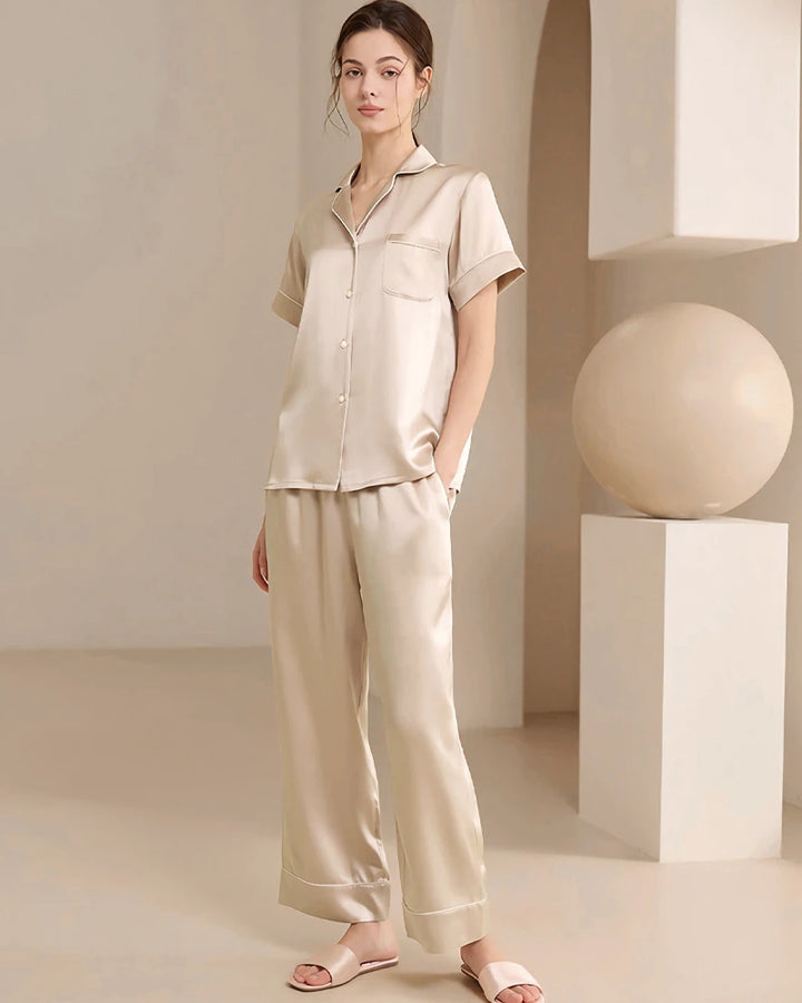Washable Silk Short Sleeve Long Pants Pajama Set, Champagne