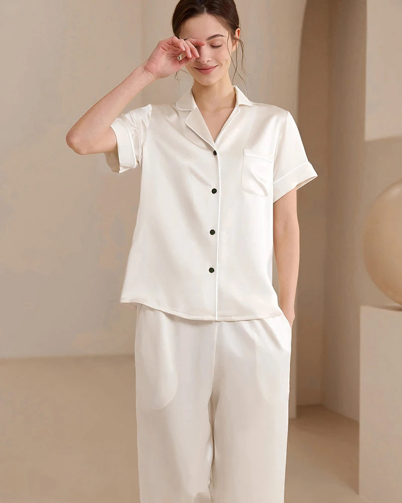 Washable Silk Short Sleeve Long Pants Pajama Set, Ivory