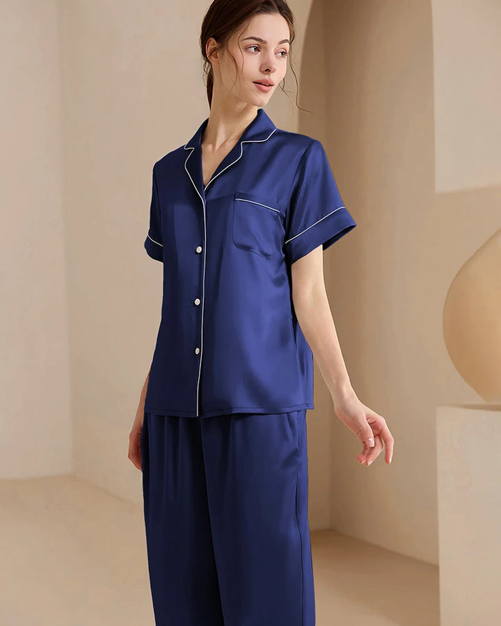 Washable Silk Short Sleeve Long Pants Pajama Set, Navy