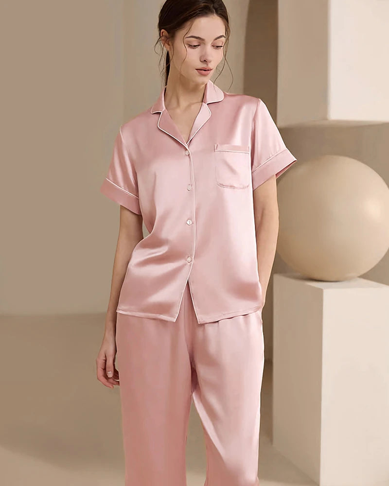 Washable Silk Short Sleeve Long Pants Pajama Set, Pink
