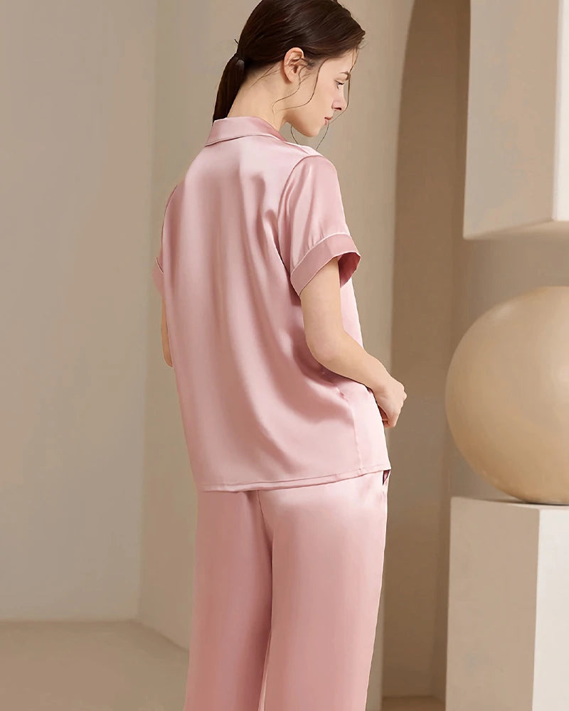 Washable Silk Short Sleeve Long Pants Pajama Set, Pink