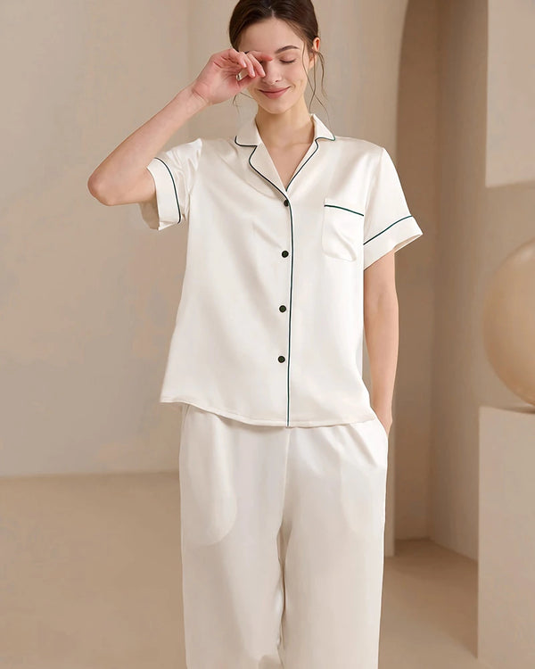 Washable Silk Short Sleeve Long Pants Pajama Set, White