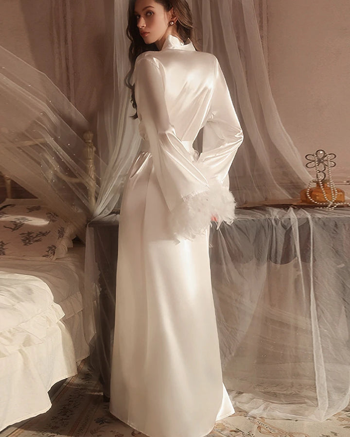 Washable Silk Bridal Robe with Feathers, White