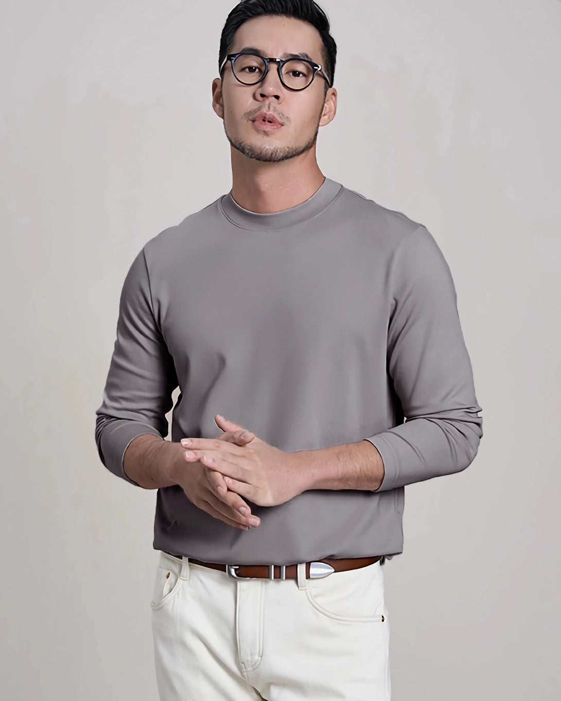 Men's Long Sleeve Silk Jersey, Grey