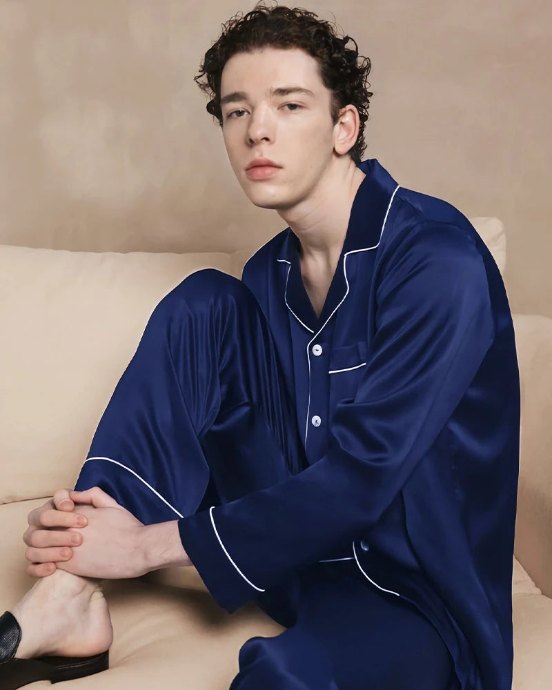 Men's Washable Silk Pajama Set, Navy