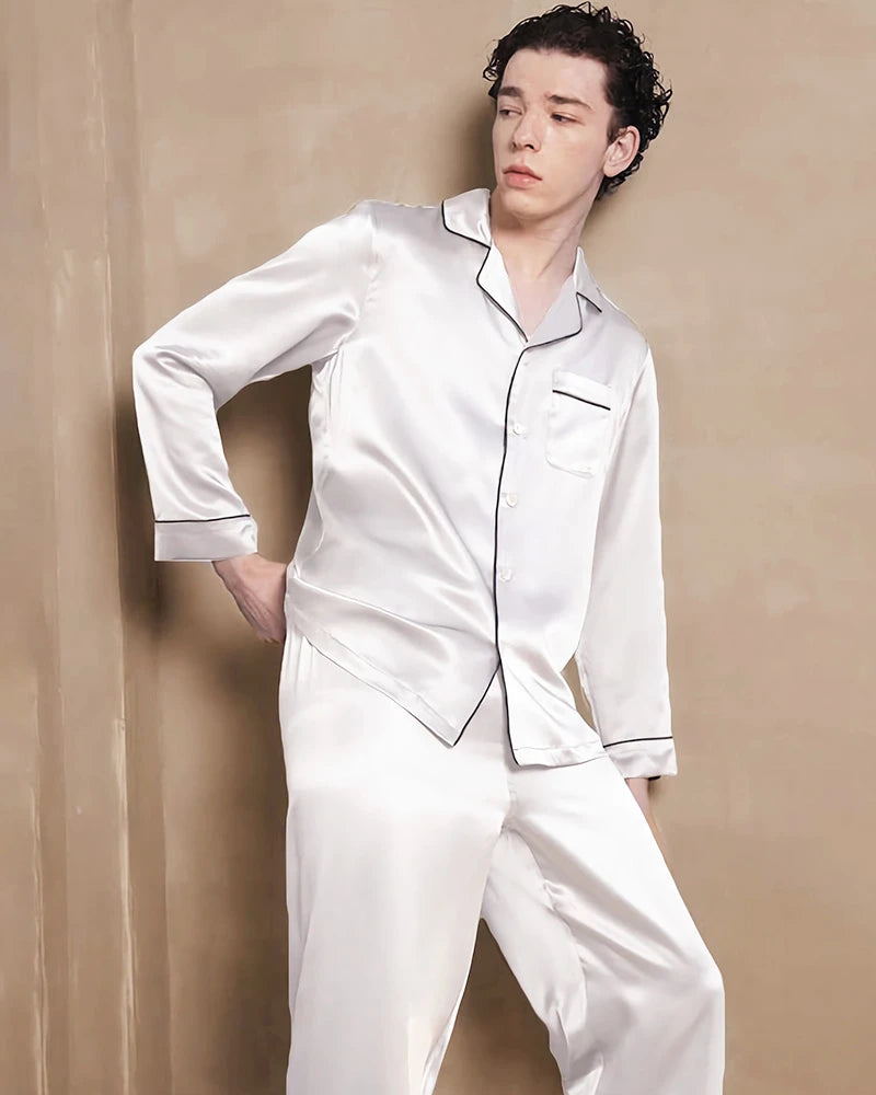 Men's Washable Silk Pajama Set, White