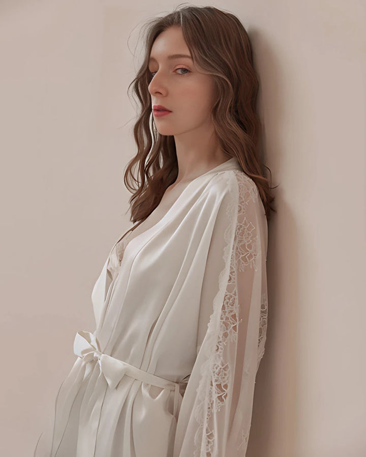 Washable Silk Lace Trim Robe, White