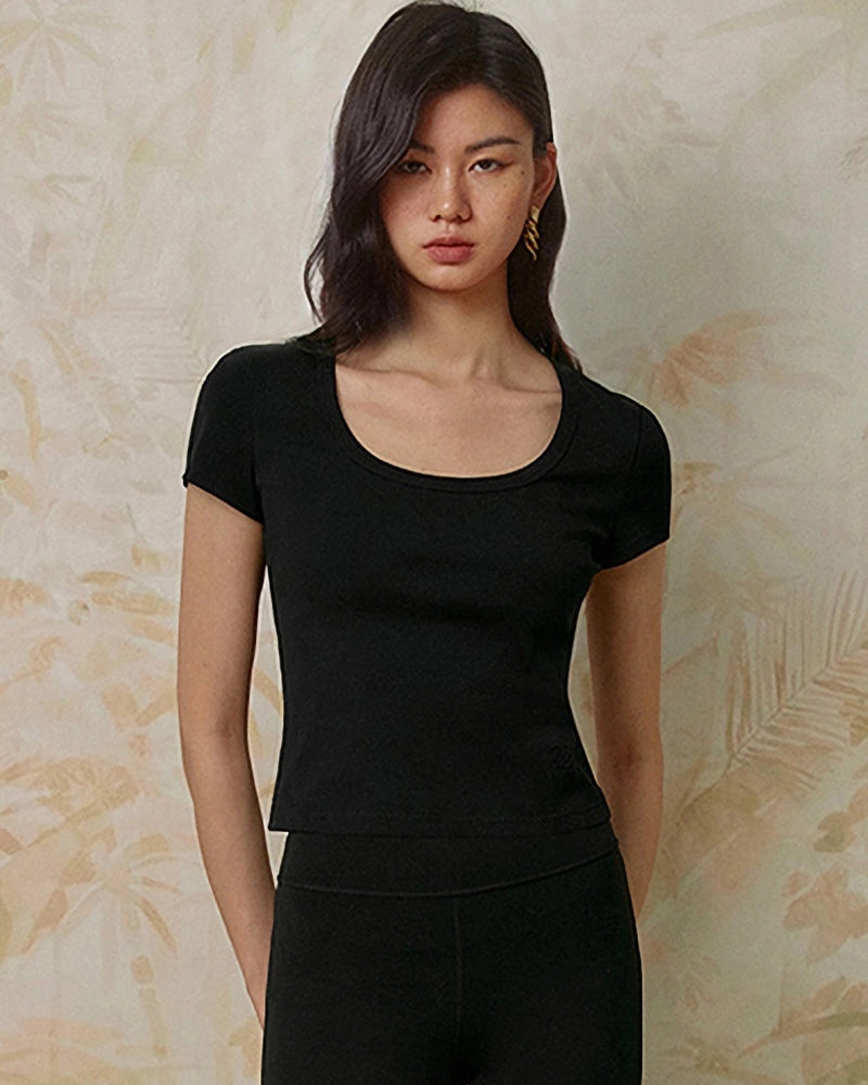 Cropped Silk Jersey Wide Crew Neck, Black