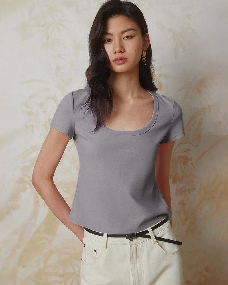 Cropped Silk Jersey Wide Crew Neck, Grey