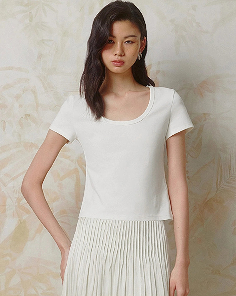 Cropped Silk Jersey Wide Crew Neck, White