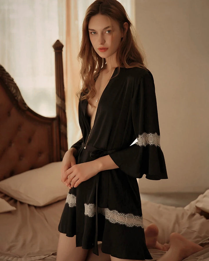 Washable Silk Robe with Lace and Ruffles, Black 
