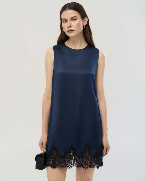 16mm mulberry silk sleeveless v neck back shift dress unlined Women's Scoop 100% Pure Nightdress Navy Blue / M white floral pattern and halter V SilkSilky 100% Mulberry Silk Spaghetti