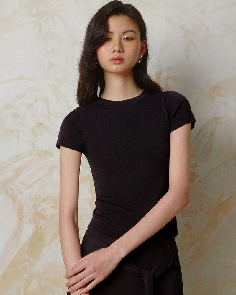 Women’s Fitted Silk Jersey Crew Neck, Black