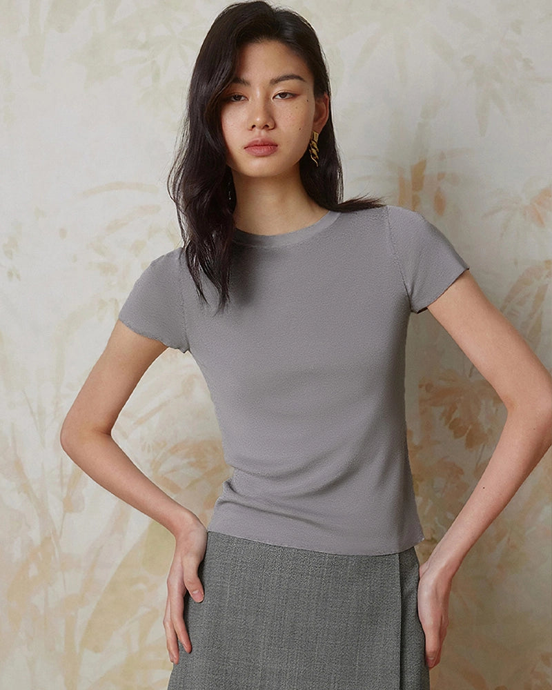 Women’s Fitted Silk Jersey Crew Neck, Grey