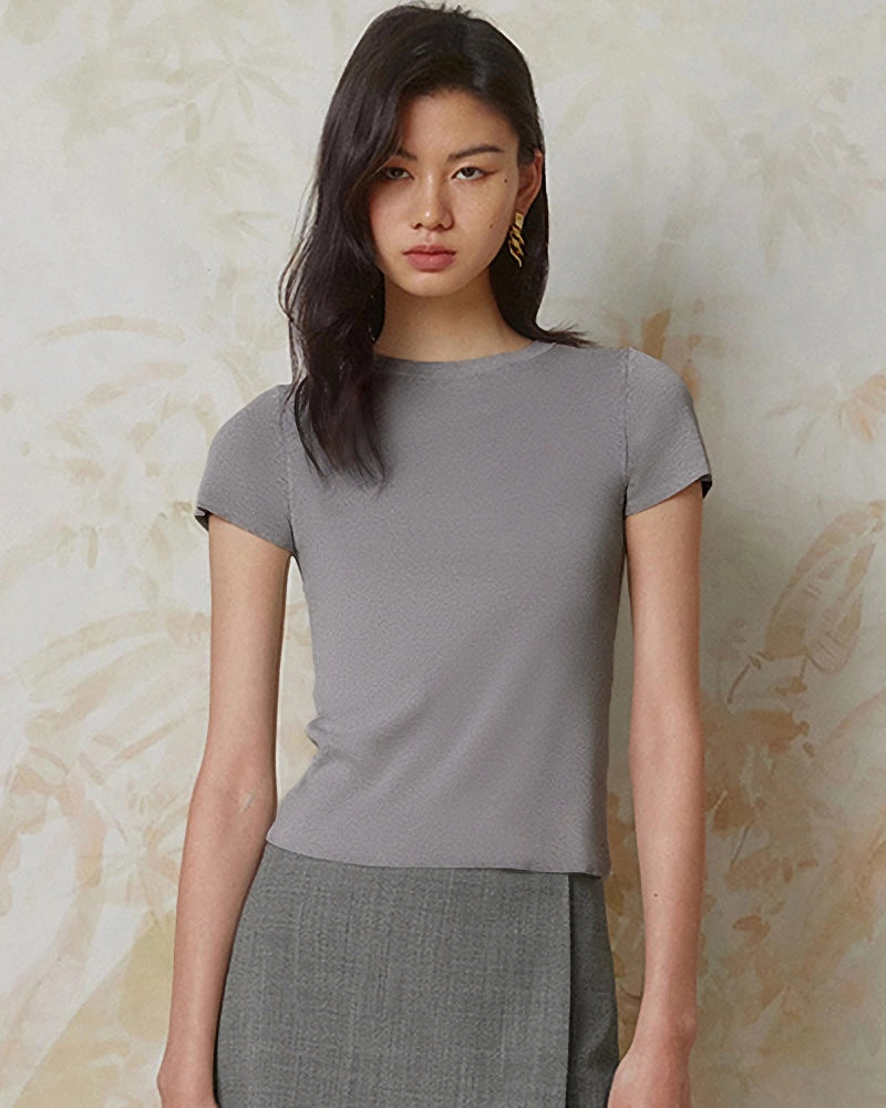 Women’s Fitted Silk Jersey Crew Neck, Grey