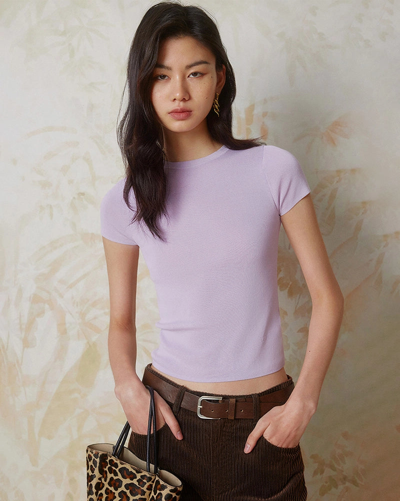Women’s Fitted Silk Jersey Crew Neck, Lilac